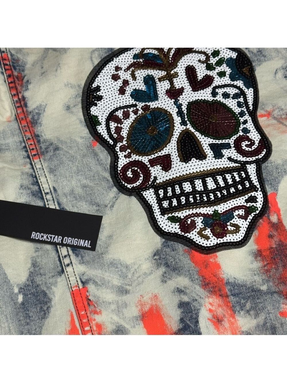 Your Adventure Oversized Sequin Sugar Skull Denim Jacket Customize with Travel! - Picture 6 of 7